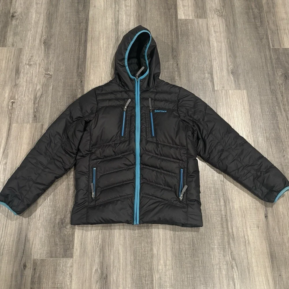 Marmot C97420 Girls XL Hooded Puffer Jacket Gray Blue 700 Fill Down Woven